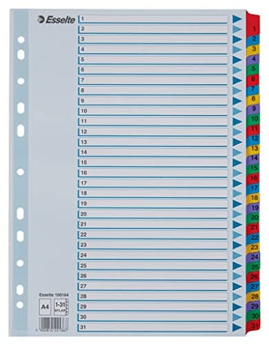 Image of Esselte A4 Mylar 1-31 Part Dividers - Multi-Coloured