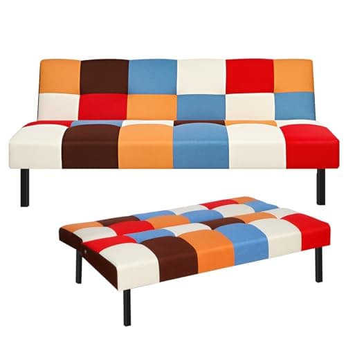 Image of Panana 3 Seater Sofa Bed,Click Clack Armless Sofabed Fabric Couch Recliner,Choice of Colours (Rainbow Patchwork)