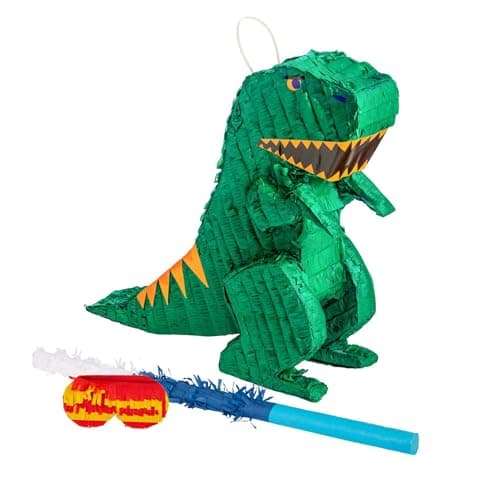 Image of Fax Potato Rex the Dinosaur Pinata, Blue Buster Stick and Blindfold Set (W40 x D13 x H55cm) Fill Your Own Kids Large Party Supplies Themed Birthday Accessory Fun Decoration Pinata for Kids Parties