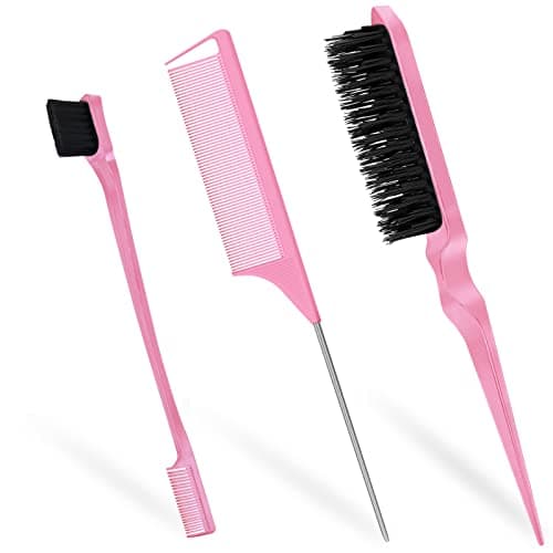 Image of Qufiiry 3-Piece Hair Slick-Back Brush Set - Teasing & Edges Brush for Women's Salon Styling - Pink