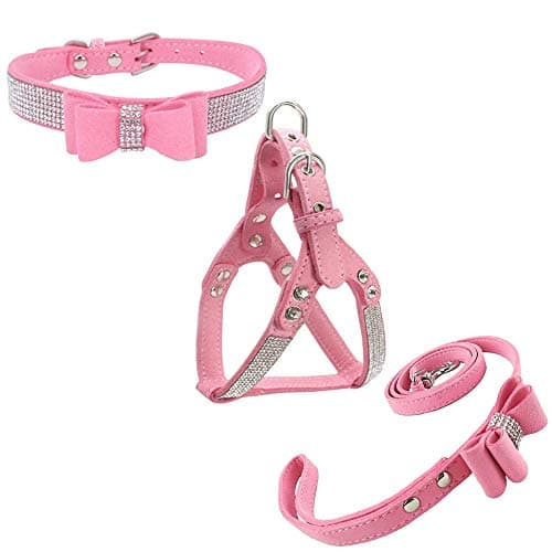 Image of Newtensina Bowtie Dog Collar & Harness & Lead Sets Comfortable Soft Puppy Collar Diamante with Harness and Leashes Set for Dog - Pink - M
