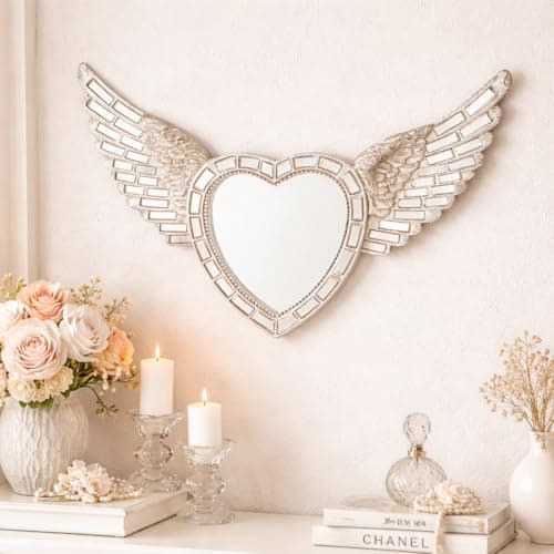 Image of HomeZone Shining Heart Angel Wings Silver Wall Mirror - Small Heart Shape Vintage Mosaic Hanging Decoration for Bedroom, Hallway, Living Room & Home Decor - Elegant Wall Mounted Mirror Ornament