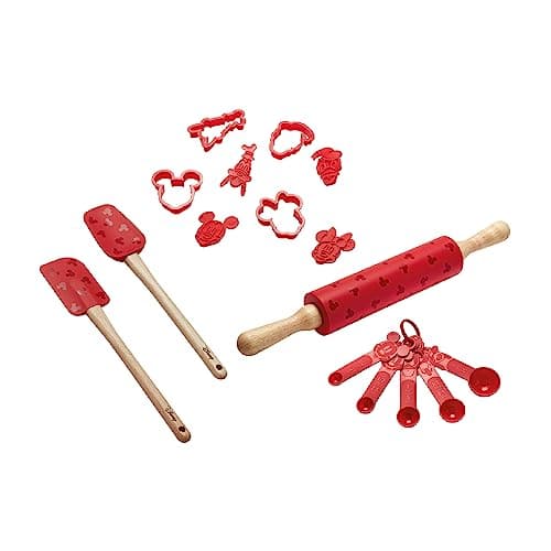 Image of Prestige New Disney Bake with Mickey Mouse Kitchen Utensils Set with Measuring Spoons Set, Silicone Spatula Set of 2, Silicone Rolling Pin and Cookie Cutter Set of 4
