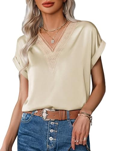 Image of Zeagoo Women's T-Shirt Satin Blouse Lace V-Neck Shirt Elegant Blouses Short Sleeve Tunic Top Summer Loose Tops L Khaki