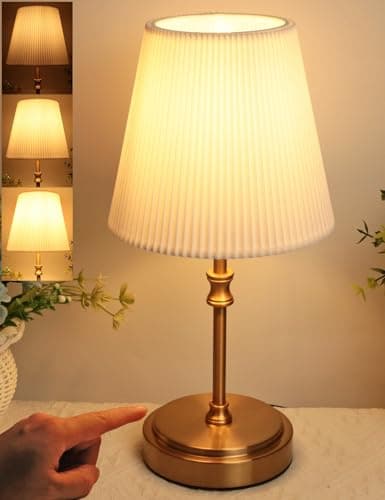 Image of HSLighting Bedside Lamps, 12'' Touch Control Table Lamp Wired Night Light with Fabric Shade 3-Way Brightness Dimmable Retro Lamps Bedside for Christmas Bedroom Living Room Kid's Room Decor Gift, Gold