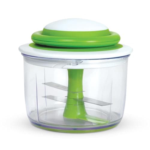 Image of Chef'n VeggiChop Easy Pull Vegetable Chopper, Manual Veggie Cutter Great for Chopping Nuts, Herbs, Onions & Tomatoes to Make Salsa, Pesto, Guacamole & More, White/Green, 14 x 14 x 14 cm
