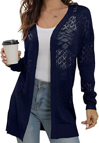 Image of GRECERELLE Summer Cardigans for Women UK Lightweight Lace Hollow Out Knit Soft Long Sleeve Open Front Beach Coverups Ladies Solid Color Sun Protection (Navy Blue, L)