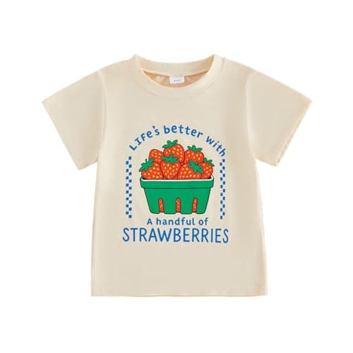 Image of Baby Boys Girls Summer Graphic Tees Fruit Letters Print Short Sleeve Tops Crew Neck Shirts Toddler Kids Funny Tee Summer Clothes 1-6 Years (Ivory, 5-6 Years)