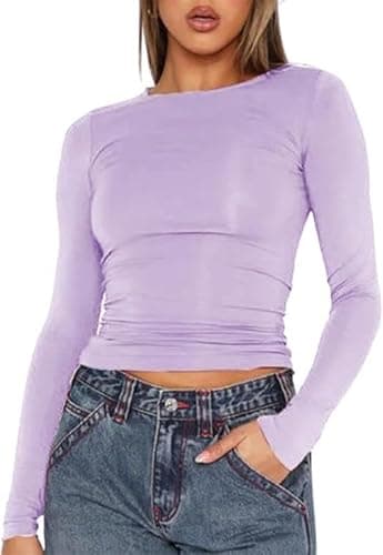 Image of Women's Casual Crop Tops Slim Fit Top Crew Neck Long Sleeve Tight T-Shirt Basic Blouse Tee Tops(Light purple-10,L)