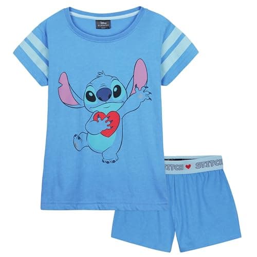 Image of Disney Girls Short Pyjamas Set, Soft Breathable 2 Piece Lounge Wear - Girls Gifts (Blue Stitch, 9-10 Years)
