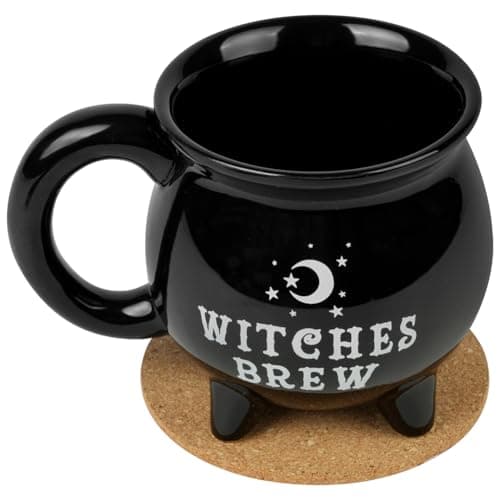 Image of HOTUT Witches Brew Cauldron Mug,Witches Brew Coffee Mug with Coaster,Gothic Tea Cup,Novelty Tea Coffee Soup Cup,Halloween Witchy Mugs,Funny Mugs for Christmas,Halloween,Birthday Presents (Black)