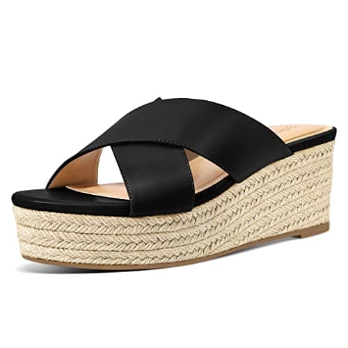 Image of PIZZ ANNU Womens Platform Sandals Wedge Espadrille Slip on Crossover Slides Ladies Open Toe Summer Chunky Shoes Black Size 8