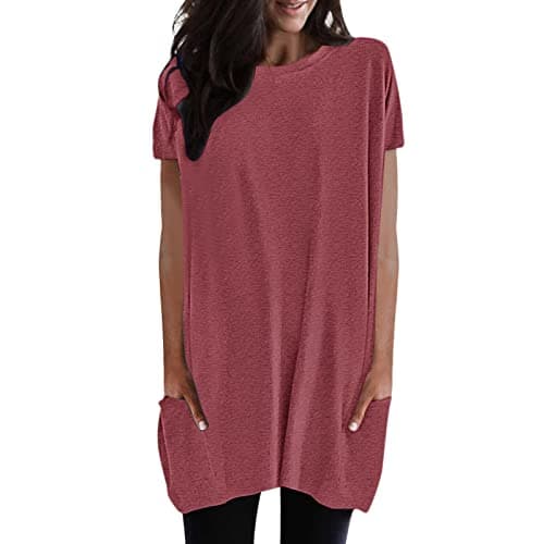 Image of Womens Short Sleeve Tops for Leggings Loose Casual Long Shirts with Pockets Basic Summer Round Neck Blouse Solid Color Oversized Loungewear for Home Daily Life & Holiday Hot Pink