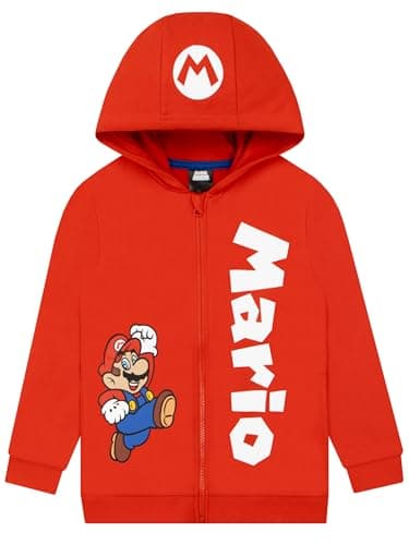 Image of Super Mario Boys Hoodie, Red Mario Boys Jumper, Zip Up Kids Hoodie, Cotton Kids Hoodies For Gamers, Red 9-10 Years