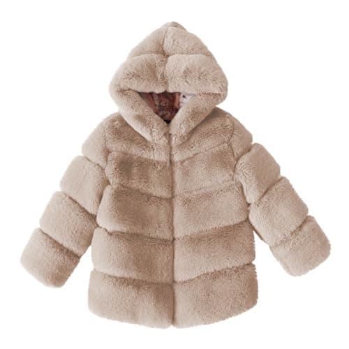Image of duxyoz Girls Faux Fur Hooded Coat - Thicken Warm Fleece Jacket for Girl,Long Sleeve,Fluffy,Furry,Fuzzy,Shaggy Winter Coats Beige 5-6 Years