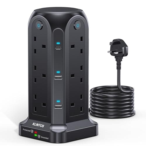 Image of Tower Extension Lead 2M, 12 Way Extension Tower with 6 USB Slots (2 Type C & 4 USB A), [13A 3250W]Surge Protection Extension Lead with 4 Independent Switches, Multi Plug Extension for Home, Office