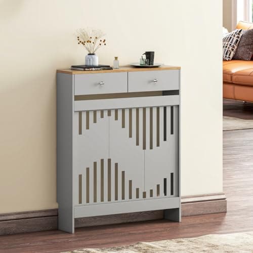 Image of Luxstein Radiator Cover with Drawers, Grey Wooden Radiator Shelf Pipe Covers Cabinet with Wavy Grill for Living Room Bedroom Hallway, 78Lx19Wx95Hcm