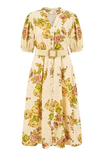 Image of Yumi Premium Ivory Floral Print Broderie Anglaise Cotton Midi Shirt Dress with Matching Belt L White