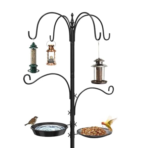 Image of Newthinking Bird Feeders Hanging Station, 224cm Bird Feeders Pole with 5-Prong Base, Free Standing Bird Feeder for Outdoor Garden, 6 Hooks, 1 Feeder Tray, 1 Bath Tray