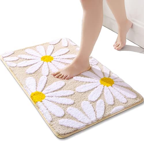 Image of QJHOMO Beige Bath Mat White Flower Rug 40 x 60 cm, Non Slip Bath Mats for Bathroom, Soft Microfiber Bathroom Mat, Machine Washable Rug Durable Bathmat, Super Absorbent Floor Mat for Shower