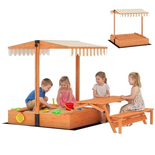 Image of AIYAPLAY Kids Sand Pit with Lid, Wooden Sandpit with Canopy, Foldable Picnic Table, Bench Seats, Bottom Liner, Outdoor Sandbox with Cover for 6 Children, Patio Garden Gift for Ages 3-8, Brown