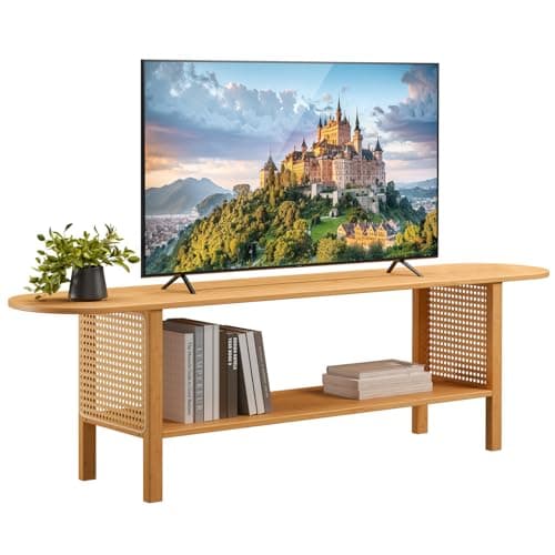 Image of HollyHOME TV Table Low TV Bench 140cm Small TV Cabinet with Rattan Narrow TV Stand Cabinet Bamboo TV Unit for Living Room Bedroom, Natural