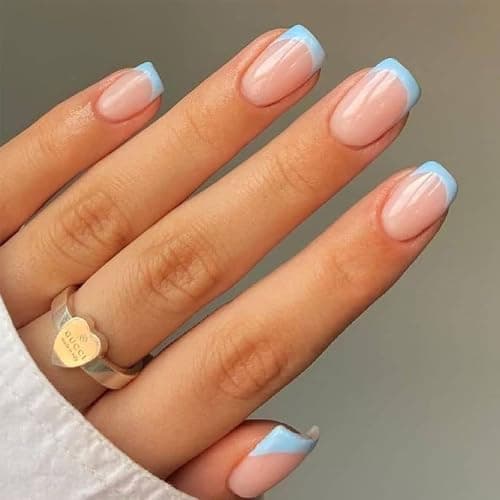 Image of French False Nails - 24pcs Square Short Fake Nails - Baby Blue Elegant Press on Nails French Tip - Glossy Glue on nails - Full Cover,12 Sizes Reusable Acrylic Nail for Women Girls
