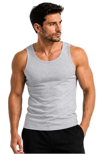 Image of Men's 100% Cotton Singlet Sleeveless Vests Bodybuilding Training Gym Tank Tops Basic Plain Colour Casual Undershirt (M, Grey)