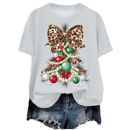 Image of Christmas T Shirt for Womens Funny Festive Printed Blouse Loose Fit Comfortable Xmas Pullover Ladies Short Sleeve Tshirts Christmas Crew Neck Casual Sweatshirts Basic Xmas Printed Tee (zB-White, XXXL)