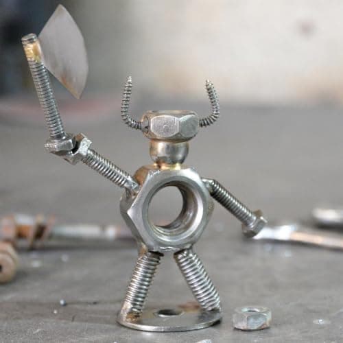 Image of Viking Berserker Warrior with Axe Recycled Metal Art Sculpture Ornament Ecofriendly Rustic Metallic Home Decor made from Upcycled Tools, Nuts and Bolts - 12cm