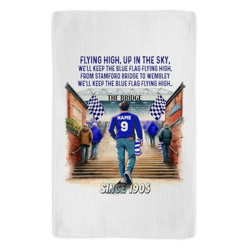 Image of KRAFTYGIFTS Personalised Football Tea Towel Chelsea Kitchen Hand Towel Cotton Cloth Footie Fan Stadium Dad Birthday SFC17
