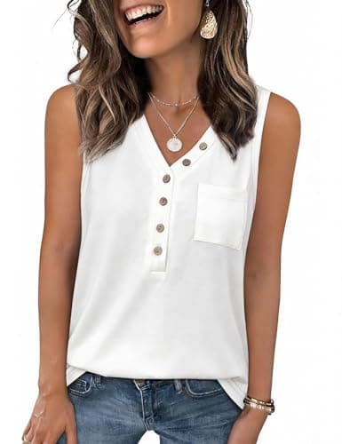 Image of Aottori Women's Sleeveless Tank Tops UK Ladies Button V Neck Vest Summer Basic Cami Casual Soft Solid Loose Fit Stretchy T Shirts with Pocket White L