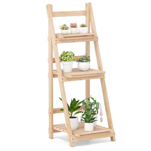 Image of COSTWAY 3 Tier Wooden Plant Stand, Folding Ladder Plant Shelf Flower Stand, Indoor Outdoor Flower Pots Holder Display Rack for Home Garden Patio Balcony (Natural, 41 x 41 x 108 cm)