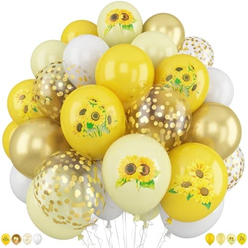 Image of Sunflower Yellow Gold Balloons, 12 Inch Yellow Sunflower Balloon, Sunflower Bee Theme Balloon with Metallic Gold Confetti Balloons for Kids Birthday Party Decoration
