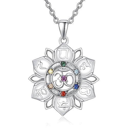 Image of TANGPOET 7 Chakra Necklace for Women 925 Sterling Silver Lotus Flower Pendant Om Spiritual Healing Jewellery Reiki Meditation Gifts for Her Yoga Lovers