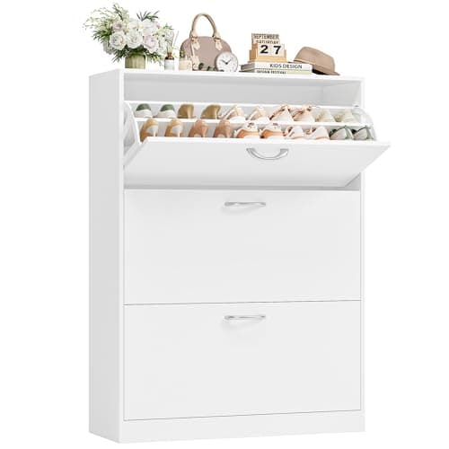 Image of FirFurd Shoe Cabinet White Shoe Storage Cupboard with 3 Flip Doors Shoe Cabinets Hallway Slim Freestanding Footwear Organizer 80 x 23.5 x 108 cm