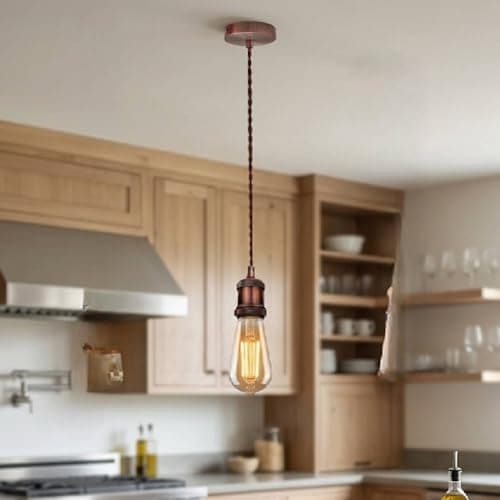 Image of Copper Vintage Pendant Light Fitting with E27 Lamp Holder – Brown Braided 2m Flex Cable Ceiling Hanging Light with Ceiling Rose for Kitchen Island, Dining Room, Living Room & Cafe Lighting