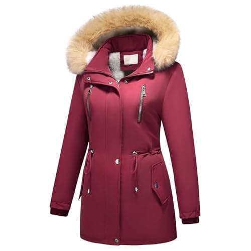 Image of MODFUL Women's Fleece Down Parka Jacket Detachable Hood Warm Sherpa Winter Coat Outerwear (Red, L)