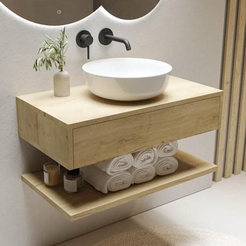 Image of Lugo 800mm Wood Effect Wall Hung Countertop Vanity Unit with Round Basin and Shelf