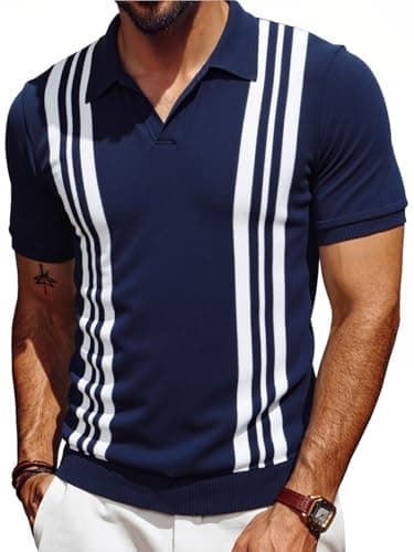 Image of Les umes Mens Polo Shirts Vintage Stripe V-Neck Short Sleeve Knit Cotton Summer Golf Casual Shirts Navy White Stripe XL
