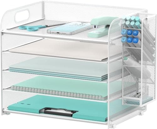 Image of SUPTIDY 5 Tier Desk Organiser with Handle & Removable Pen Holders, Mesh Paper/File Organiser for Desk, Paper Letter Tray Organizer for Office Supplies, White