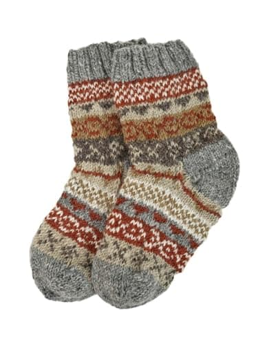 Image of Pachamama 100% Wool Bed Sofa Socks Fine Hand Knit Striped Fairisle Multicoloured Medium 4-7 Handmade Extra Warm Fair Trade (Grey, UK Footwear Size System, Adult, Women, Alpha, Medium, One Size)
