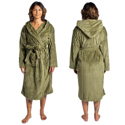 Image of OHS Ribbed Fleece Dressing Gown Womens, Mothers Day Gifts Bathrobe with Hood & Pockets Soft Warm Comfy Luxury Oversized Fluffy Mens Dressing Gowns, Green One Size