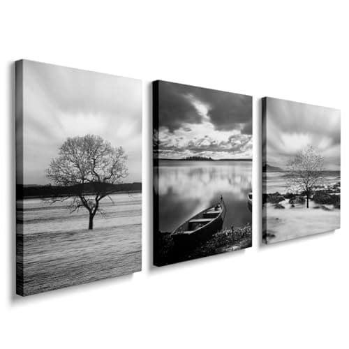 Image of prinfantasy Canvas Wall Art Framed Landscape Pictures for Living Room and Bedroom Black and White Prints for Special Occasions Artwork Wall Decor for Bathroom Kitchen 12x16 Inch 3 Panels YH093