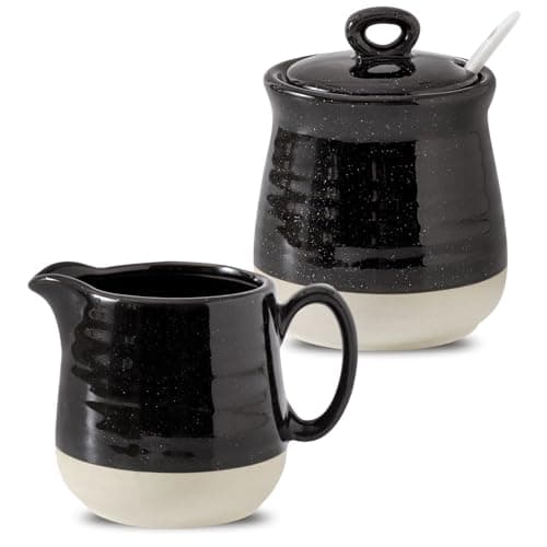 Image of Tikooere Ceramic Sugar and Creamer Container Set of 3,10 Ounce Cream Pitcher,11 Ounce Sugar Bowl with Lid and Spoon,Farmhouse Coffee Bar Accessories Set for Serving,Microwave & Dishwasher Safe,Black
