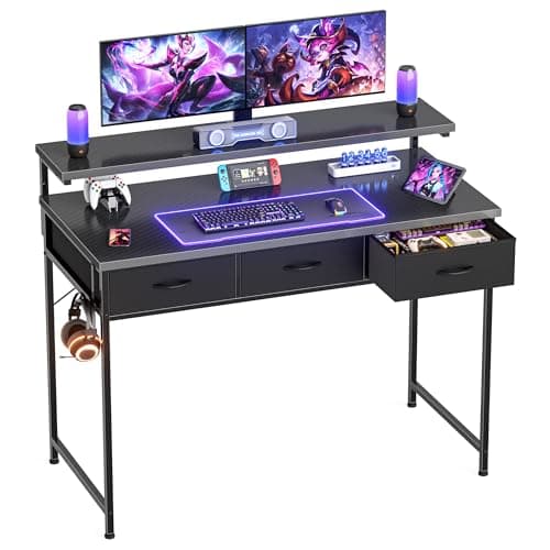 Image of HOMIDEC Gaming Desk with Adjustable Monitor Stand, Computer Office Desk with 3 Storage Drawers, Gaming Table with Headphone Hook, Carbon Fibre Surface, for Gamers, Workers and Students, Black, 100cm