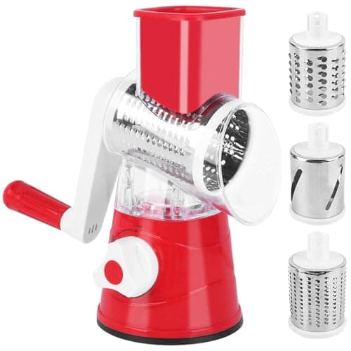 Image of Iceten 3 in 1 Rotary Cheese Grater and Vegetable Slicer with 3 Stainless Steel Rotating Blades, Multifunctional Manual Cutter/Shredder-Strong Suction Base (Red)