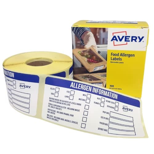 Image of Avery Allergen Labels for Food Packaging – 300 Removable Stickers with Dispenser Box for Takeaways, Bakeries, Restaurants, Meal Prep & Catering – Pre-Printed for UK Food Safety Compliance (ALL9840)