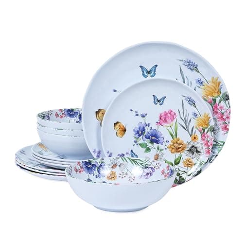 Image of Lechoo 12 Piece Melamine Dinnerware Sets - Plates And Bowls Sets Floral Dinnerware Sets- Spring Camping Dishs Indoor Outdoor Use,Flowers And Butterflies Pattern