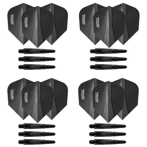 Image of Harrows Darts 4 x Sets of Carbon 360 Dart Stems and Retina Dart Flights - 12 Dart Shafts 12 Darts Flights in Total - Medium & Short, Black & Clear (Black, Short)